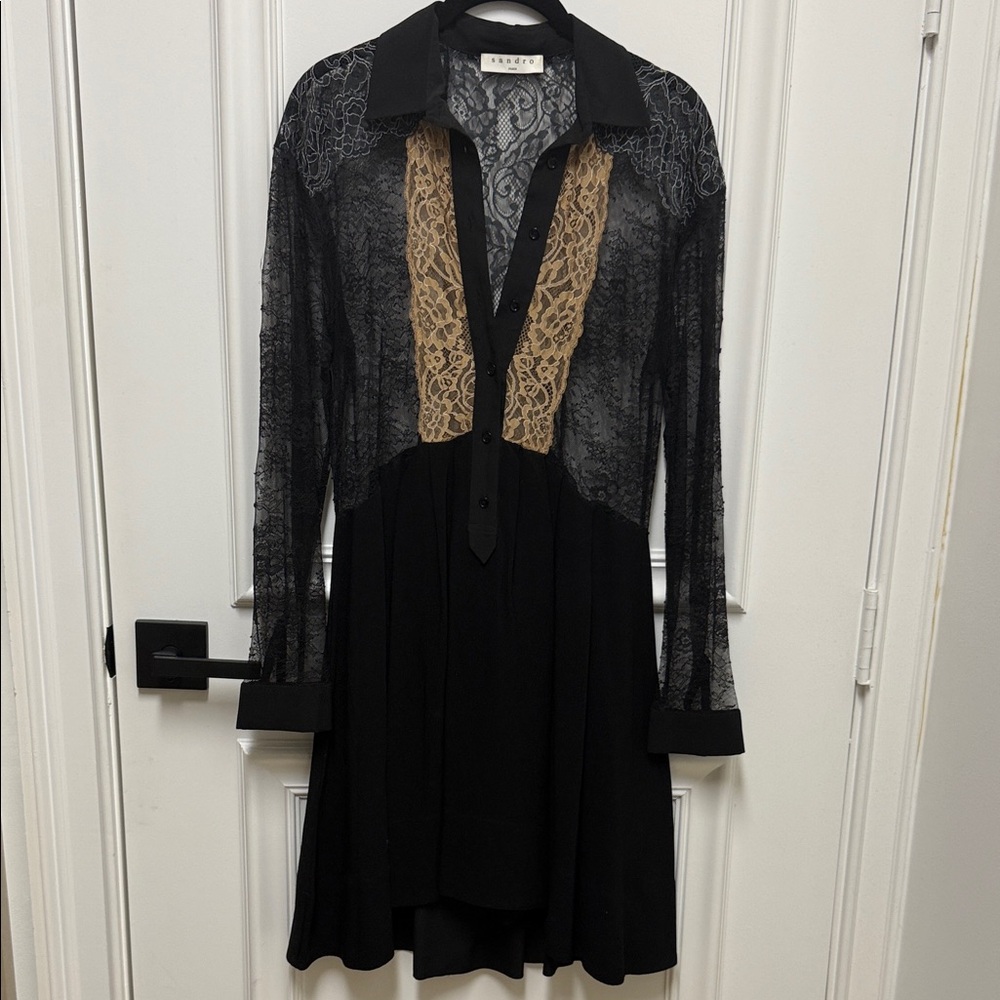 Sandro Black and Tan Lace Long Sleeve Dress